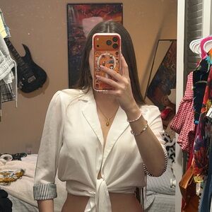 Double Zero White Tie-Front Blouse with Striped Cuffs